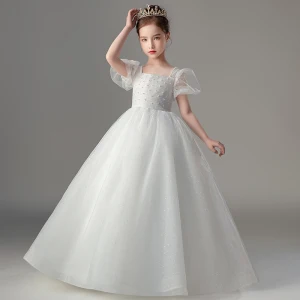 Chic Beautiful White Pearl Wedding Flower Girl Dresses 2022 Ball Gown Square Neckline Puffy Short Sleeve Backless Floor Length Long Flower Girl Dresses