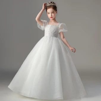 Chic Belle Blanche Perle Mariage Robe Ceremonie Fille 2022 Robe Boule Encolure Carrée Gonflée Manches Courtes Dos Nu Longue Robe Ceremonie Fille