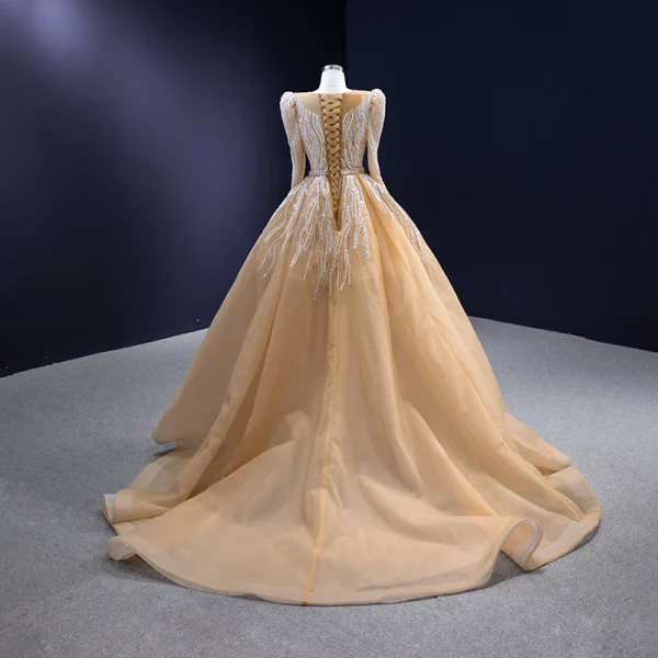 High-end Gold Handmade Beading Pearl Rhinestone Sequins Wedding Dresses 2023 Trumpet / Mermaid Scoop Neck Long Sleeve Court Train Wedding