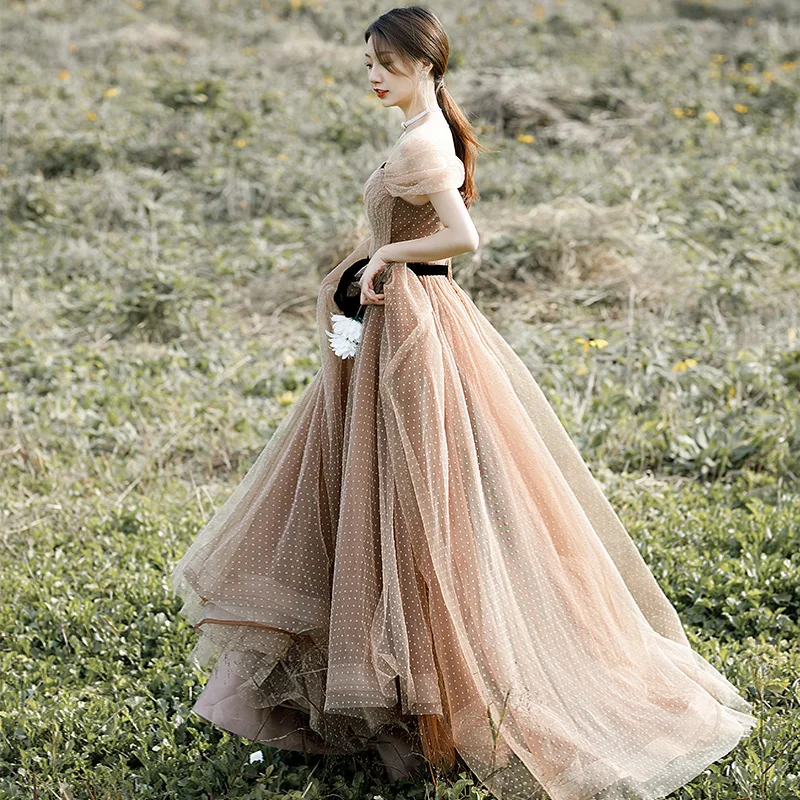 Chic Beautiful Champagne Spotted Prom Dresses 2022 A Line Princess Off The  Shoulder Short Sleeve Backless Sash Bow Floor Length Long Prom Formal  Dresses