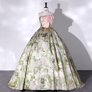 Fancy Green Floral Satin Prom Dresses 2022 Ball Gown Strapless Bow Sleeveless Backless Floor Length Long Formal Dresses
