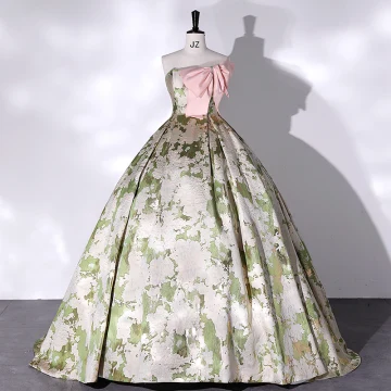 Luxe Groen Bloemen Satijn Galajurken 2022 Baljurk Strapless Strik Mouwloos Ruglooze Lange Gelegenheid Jurken