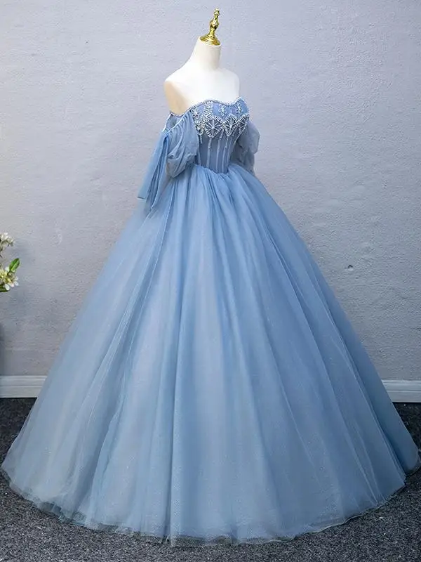 Elegant Beading Sky Blue Rhinestone Prom Dresses Ball Gown 2025 Backless Off-The-Shoulder Short Sleeve Floor-Length / Long Prom Formal Dresses