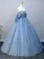 Elegant Beading Sky Blue Rhinestone Prom Dresses Ball Gown 2025 Backless Off-The-Shoulder Short Sleeve Floor-Length / Long Prom Formal Dresses
