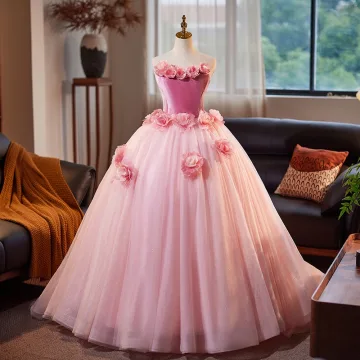Bloemenfee Blozen Roze Appliques Baljurk Galajurken 2025 Strapless Mouwloos Ruglooze Lange Gala Gelegenheid Jurken