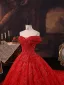 Amazing / Unique Red Beading Sequins Lace Flower Royal Train Wedding Dresses 2025 Ball Gown Off-The-Shoulder Short Sleeve Backless Tulle Wedding