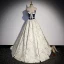 Fashion Navy Blue Satin Prom Dresses 2022 A-Line / Princess Strapless Sequins Bow Sleeveless Backless Sweep Train Formal Dresses