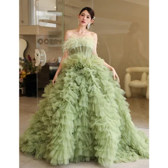 Charmant Vert Cendré Volants En Cascade Robe De Soirée 2023 Robe Boule Bustier Gland Sans Manches Dos Nu Train De Balayage Soirée Robe De Ceremonie