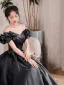 Audrey Hepburn Style Black Satin Prom Dresses 2025 A-Line / Princess Off-The-Shoulder Short Sleeve Backless Floor-Length / Long Prom Formal Dresses