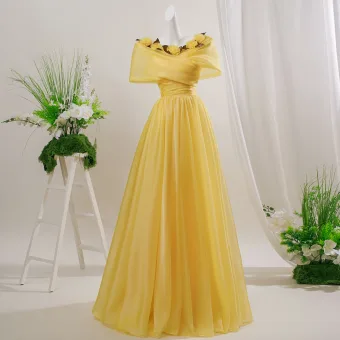 Dazzling Yellow Prom Dresses 2026 A Line Princess Short Sleeve Appliques Flower