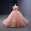 Luxury / Gorgeous Candy Pink Handmade  Beading Pearl Sequins Lace Flower Appliques Cascading Ruffles Prom Dresses 2023 Ball Gown Off-The-Shoulder 3/4 Sleeve Backless