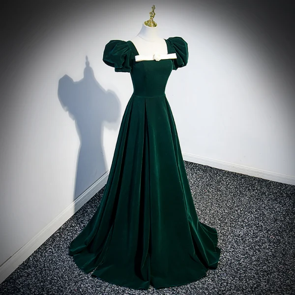 Élégant Vert Foncé Robe De Bal 2023 Princesse Encolure Carrée Gonflée Manches Courtes Dos Nu Train De Balayage Promo Robe De Ceremonie