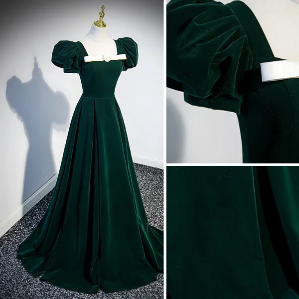 Élégant Vert Foncé Robe De Bal 2023 Princesse Encolure Carrée Gonflée Manches Courtes Dos Nu Train De Balayage Promo Robe De Ceremonie
