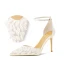 Fashion White Beading Tulle Wedding Shoes 2024 Ankle Strap 8 cm Stiletto Heels Pointed Toe Wedding Sandals High Heels