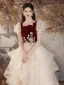 Chic / Beautiful Burgundy Flower Cascading Ruffles Sweet 16 Prom Dresses 2024 A-Line / Princess Square Neckline Puffy Short Sleeve Backless Floor-Length / Long Formal Dresses