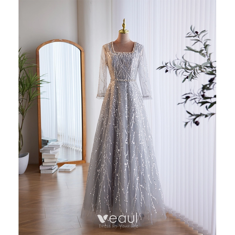 Silver grey long evening dress store