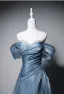 Chic / Beautiful Sky Blue Handmade  Pearl Prom Dresses 2026 A-Line / Princess Off-The-Shoulder Short Sleeve Backless Floor-Length / Long Formal Dresses