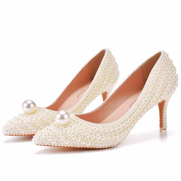 Elegante Abrikoos Beige Parel Bruidsschoenen 2023 7 Cm Naaldhakken Stiletto Spitse Neus Huwelijk Pumps Hoge Hakken