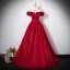 Chic / Beautiful Red Glitter Prom Dresses 2025 A-Line / Princess Off-The-Shoulder Short Sleeve Backless Floor-Length / Long Formal Dresses