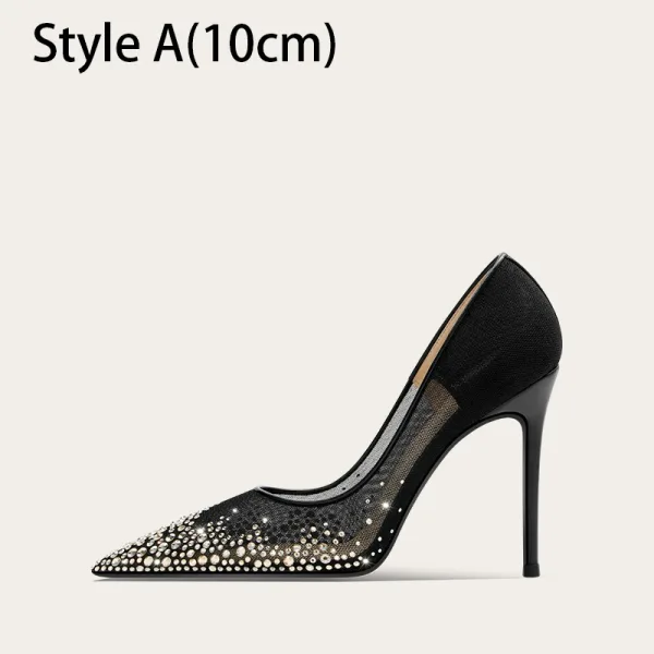 Charming Black See-through Rhinestone Prom Pumps 2025 Leather 10 cm Stiletto Heels Pointed Toe Pumps High Heels