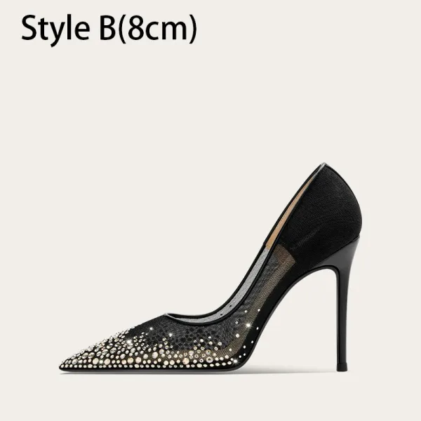 Charming Black See-through Rhinestone Prom Pumps 2025 Leather 10 cm Stiletto Heels Pointed Toe Pumps High Heels