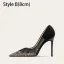 Charming Black See-through Rhinestone Prom Pumps 2025 Leather 10 cm Stiletto Heels Pointed Toe Pumps High Heels