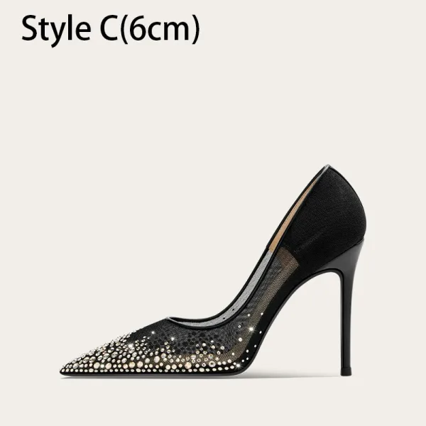 Charming Black See-through Rhinestone Prom Pumps 2025 Leather 10 cm Stiletto Heels Pointed Toe Pumps High Heels