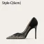 Charming Black See-through Rhinestone Prom Pumps 2025 Leather 10 cm Stiletto Heels Pointed Toe Pumps High Heels