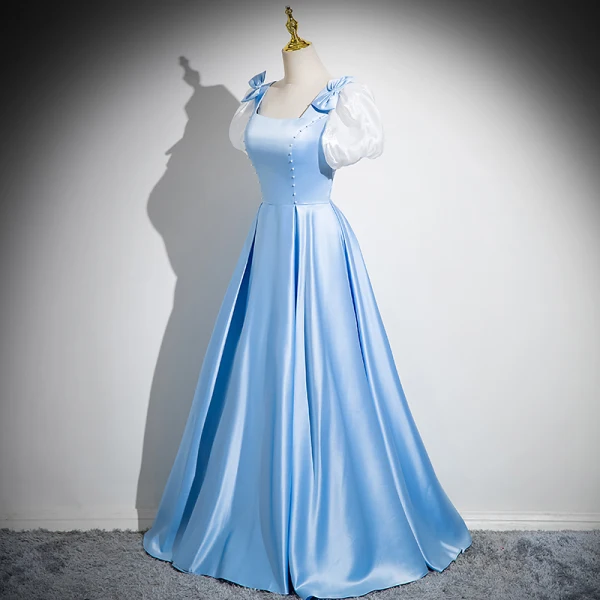 Chic / Beautiful Sky Blue Prom Dresses 2024 A-Line / Princess Square Neckline Bow Puffy Short Sleeve Backless Floor-Length / Long Prom Formal Dresses