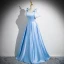 Chic / Beautiful Sky Blue Prom Dresses 2024 A-Line / Princess Square Neckline Bow Puffy Short Sleeve Backless Floor-Length / Long Prom Formal Dresses