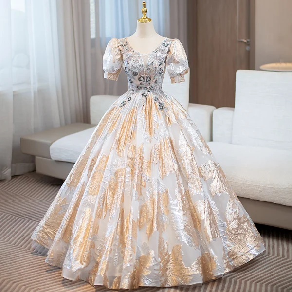 white and gold lace prom dress Sparkly Tiered Lace Long Corset Prom Dress with Slit Champagne / XLarge main image 0
