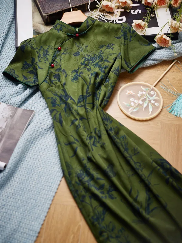 Vintage / Retro Chinese style Dark Green Summer Printing Cheongsam 2024 Trumpet / Mermaid High Neck Short Sleeve Tea-length