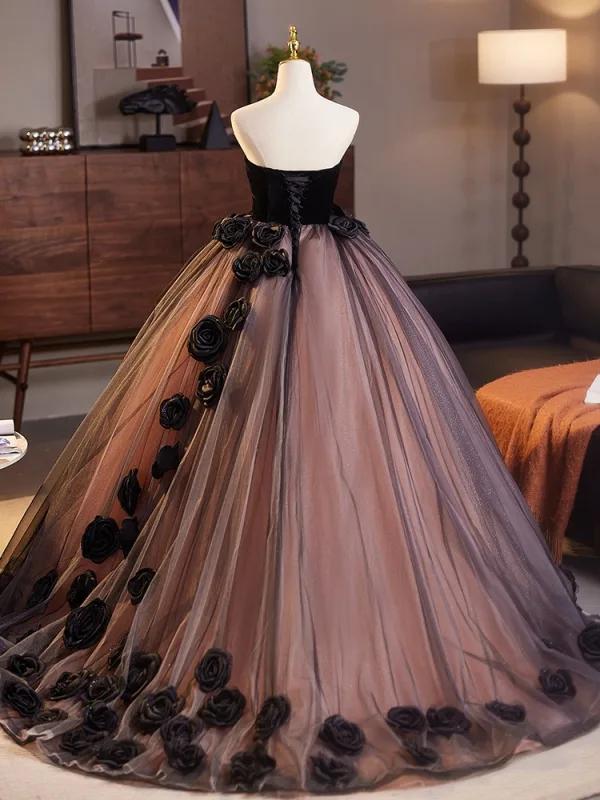 Elegant Quinceañera Black Appliques Prom Dresses 2025 Ball Gown Strapless Sleeveless Backless Floor-Length / Long Prom Formal Dresses