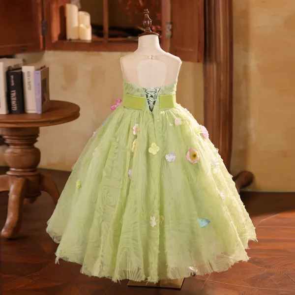 Chic / Belle Vert Cendré Appliques Volants Anniversaire Robe Ceremonie Fille 2025 Robe Boule Encolure Dégagée Sans Manches Dos Nu Noeud Ceinture Thé Longueur
