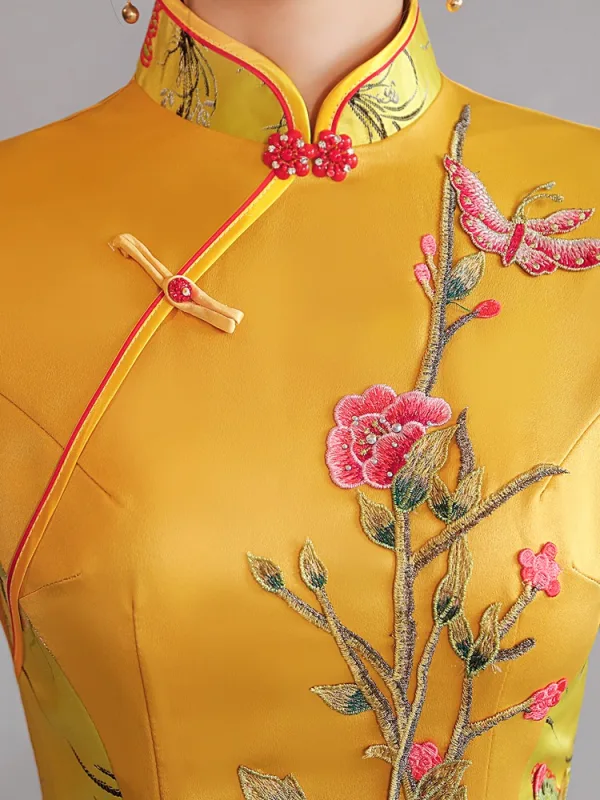 Vintage / Retro Chinese style Gold Lace Flower Split Front Cheongsam 2025 Trumpet / Mermaid High Neck Short Sleeve Floor-Length / Long Evening Party Cheongsam / Qipao