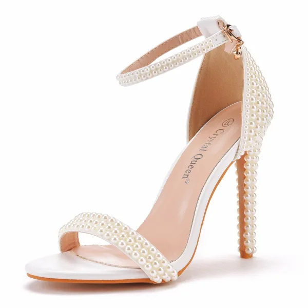 Sexy White Pearl Wedding Shoes 2022 9 cm Stiletto Heels Ankle Strap Open / Peep Toe Wedding Sandals High Heels