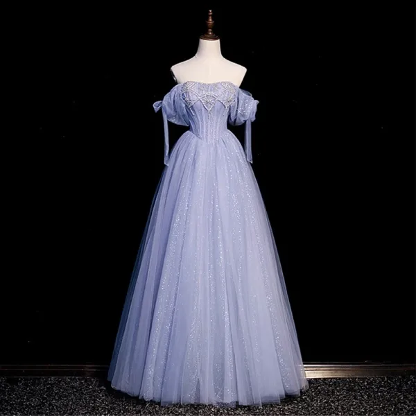 Chic / Beautiful Lavender Beading Sequins Prom Dresses 2023 A-Line / Princess Square Neckline Short Sleeve Bow Backless Floor-Length / Long Prom Formal Dresses