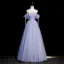 Chic / Beautiful Lavender Beading Sequins Prom Dresses 2023 A-Line / Princess Square Neckline Short Sleeve Bow Backless Floor-Length / Long Prom Formal Dresses