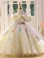 Chic / Belle Champagne Perlage Perle Appliques Paillettes Anniversaire Robe Ceremonie Fille 2025 Robe Boule Encolure Dégagée Gonflée Manches Courtes Dos Nu Longue
