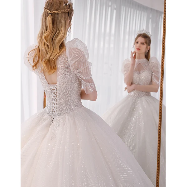 Fabulous White Beading Sequins Pearl Wedding Dresses 2022 Ball Gown High Neck Puffy Short Sleeve Backless Royal Train Wedding