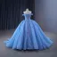 Haut de Gamme Bleu Perlage Paillettes Appliques Robe De Bal 2024 Robe Boule Bustier Sans Manches Dos Nu Train De Balayage Promo Robe De Ceremonie