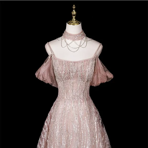 Sexy Glitzernden Rosa Perlenstickerei Strass Pailletten Abendkleider 2025 A Linie Stehkragen Kurze Ärmel Rückenfreies Lange Festliche Kleider