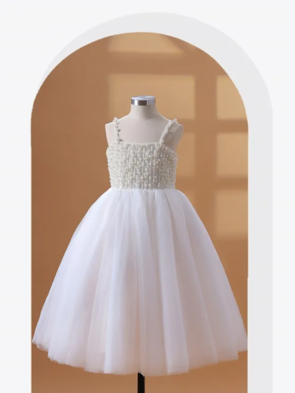 Chic / Beautiful White Beading Pearl Short Birthday Flower Girl Dresses 2024 Spaghetti Straps Sleeveless Backless