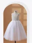 Chic / Beautiful White Beading Pearl Short Birthday Flower Girl Dresses 2024 Spaghetti Straps Sleeveless Backless