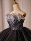 Charming Black Appliques Cascading Ruffles Prom Dresses 2024 Ball Gown Strapless Sleeveless Backless Floor-Length / Long Prom Formal Dresses
