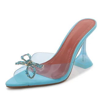 Sexy Doorzichtig Hemelsblauw Straatkleding Sandalen Dames 2022 Rhinestone Strik 9 Cm Naaldhakken Stiletto Peep Toe Sandalen Hoge Hakken