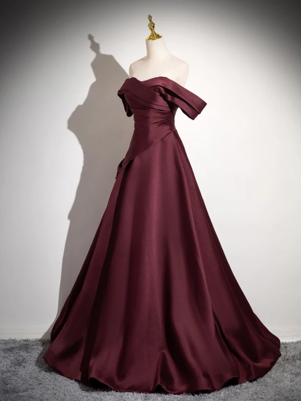 Vintage Burgunderrot Satin Ballkleider 2024 A Linie Off Shoulder Ärmellos Rückenfreies Lange Ball Festliche Kleider