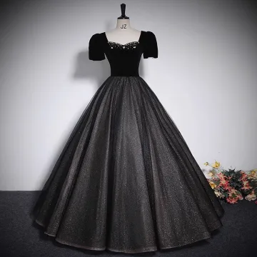 Élégant Noire Glitter Paillettes Robe De Bal 2023 Robe Boule Encolure Carrée Faux Diamant Manches Courtes Dos Nu Longue Promo Robe De Ceremonie