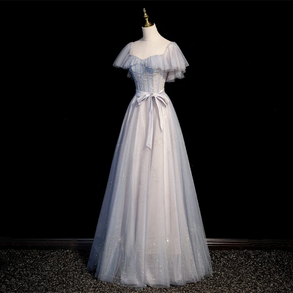Chic / Belle Bleu Ciel Perlage Paillettes Robe De Bal 2022 Princesse Encolure Carrée Manches Courtes Dos Nu Noeud Ceinture Longue Promo Robe De Ceremonie