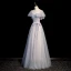 Chic / Belle Bleu Ciel Perlage Paillettes Robe De Bal 2022 Princesse Encolure Carrée Manches Courtes Dos Nu Noeud Ceinture Longue Promo Robe De Ceremonie